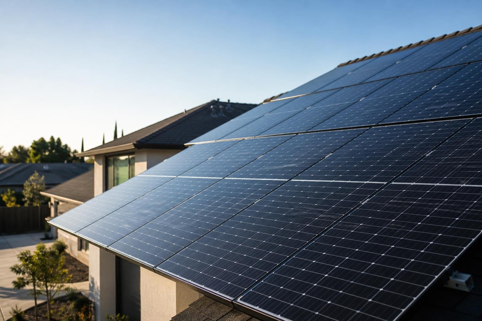 Close-up of rooftop solar panels on a Fresno-area home in warm daylight with the house secondary in the background