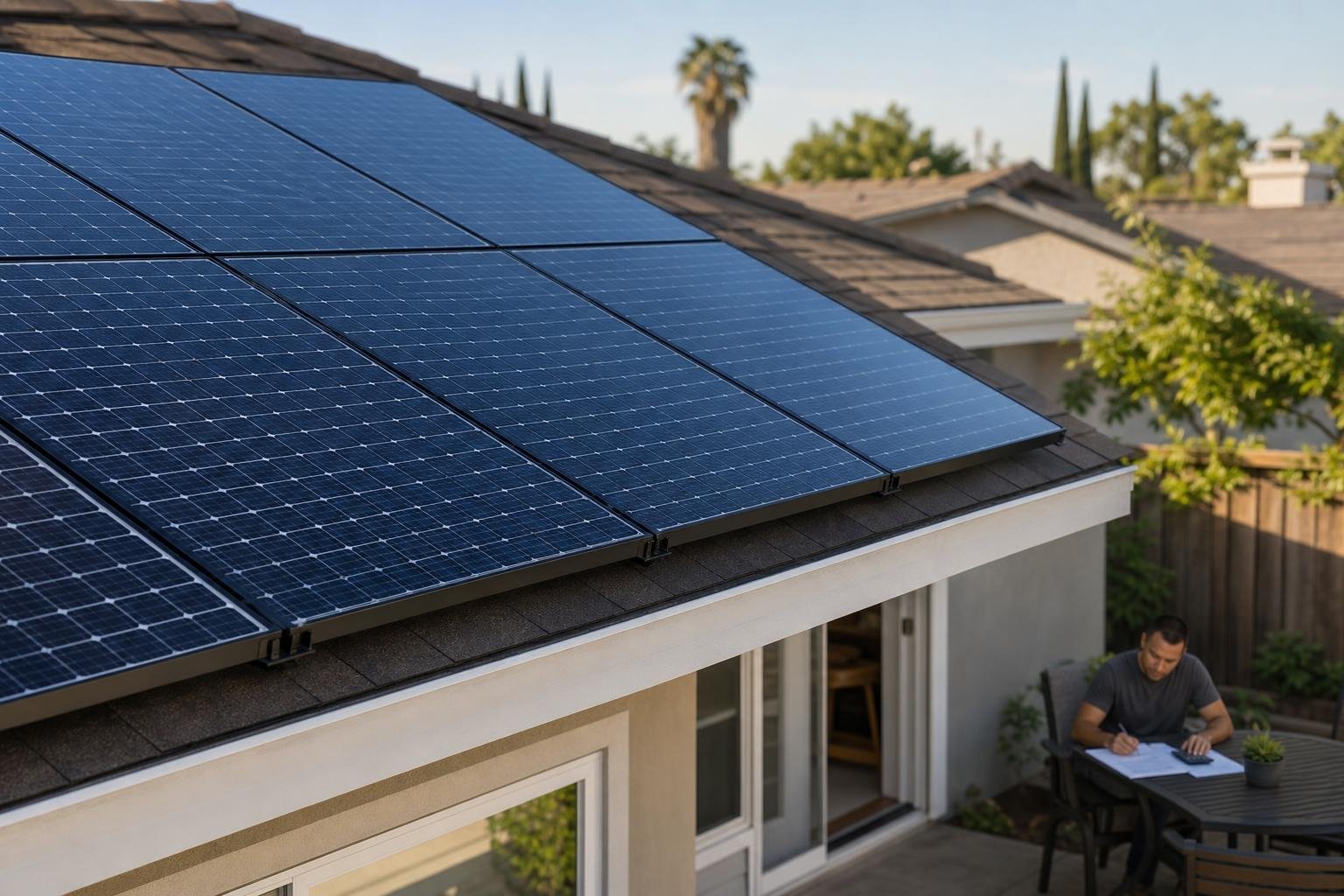 Residential solar panels in close view with a blurred homeowner reviewing paperwork in the background on a Fresno-area home